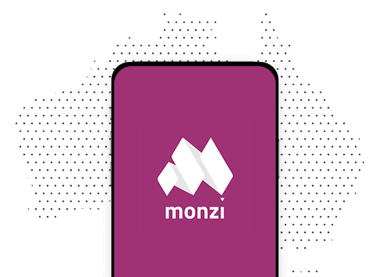 Phone with Monzi Logo on it portrayed over Australia