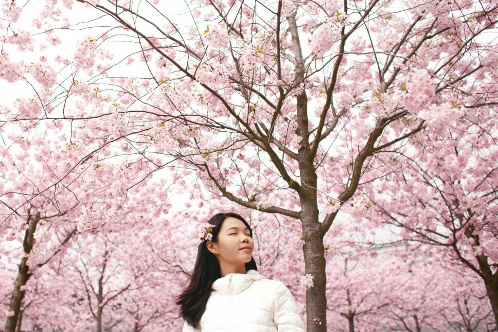 Woman standing beneath cherry blossom tree thinking about bad credit loans