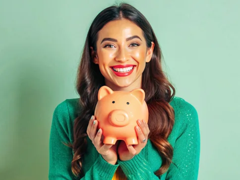 A woman holding a piggy bank is happy after getting a unsecured personal loan