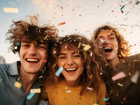 Three friends are overjoyed after repaying their debts before loan term with debt consolidation.